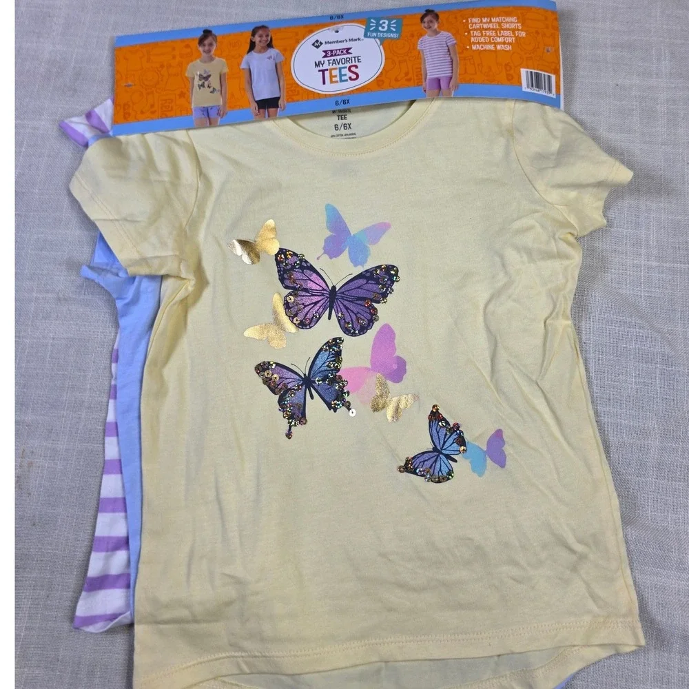Members Mark Girls 3 Pack My Favorite Tees Butterfly Striped Shirts Size 6 6X